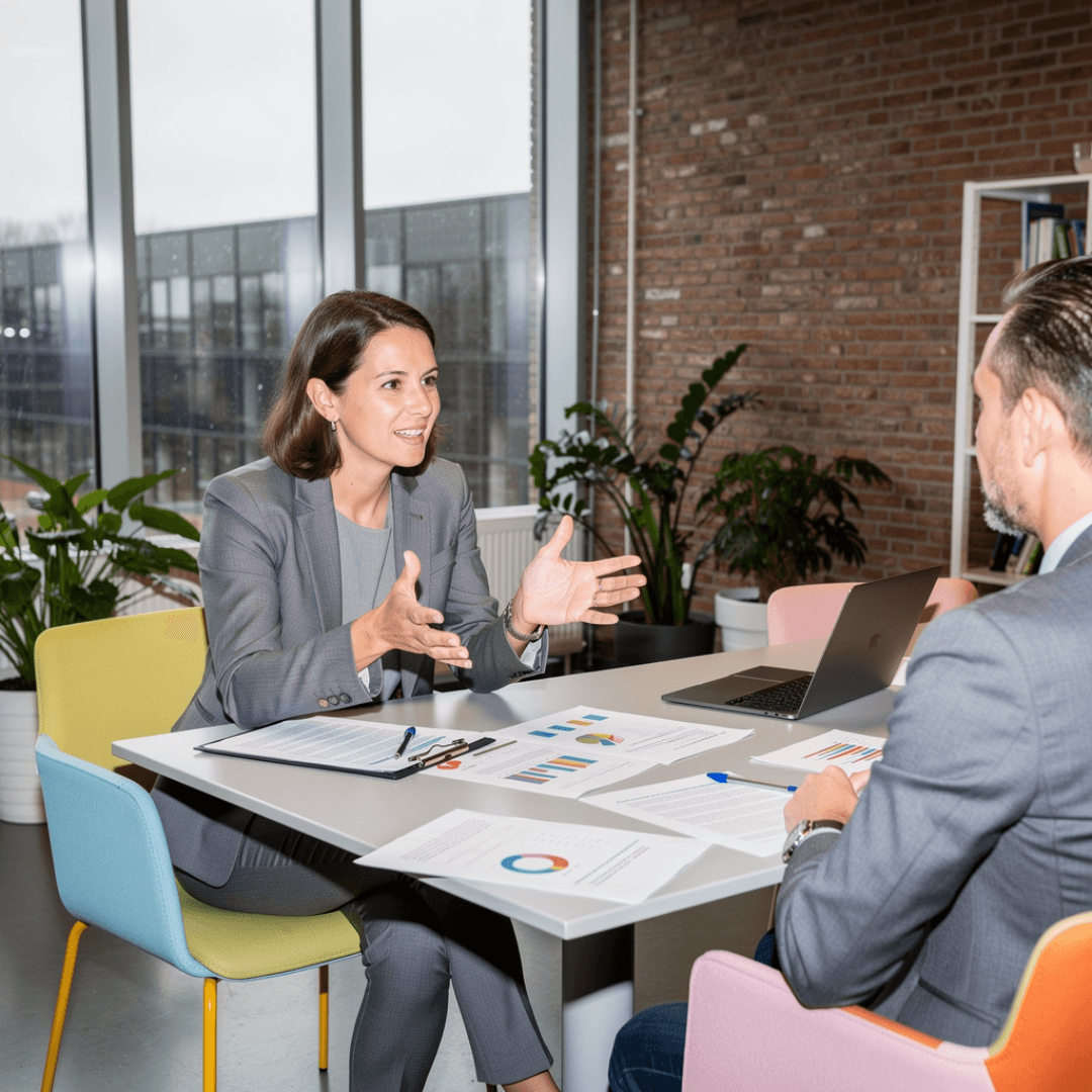 Twee personen zitten tegenover elkaar aan een tafel met documenten, grafieken en een laptop tijdens een zakelijk gesprek