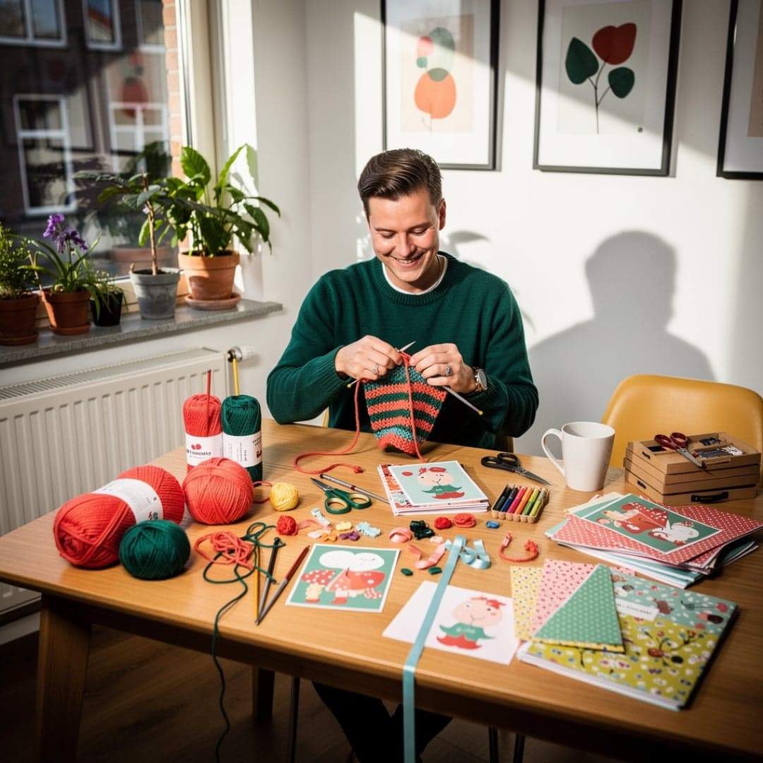 Persoon breit met gekleurde wol aan een tafel vol creatieve materialen, kaarten en knutselspullen