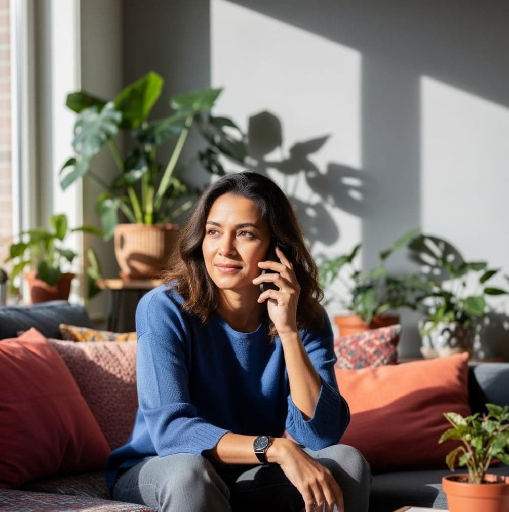 Vrouw belt met haar telefoon en kijkt naar links het raam uit.