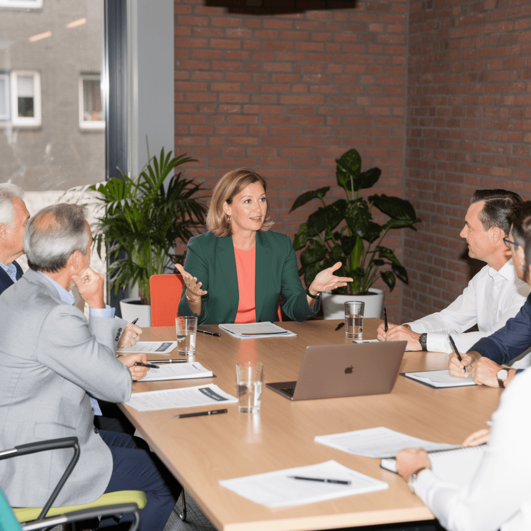 Meerdere personen nemen deel aan een vergadering, terwijl documenten en een laptop op tafel liggen