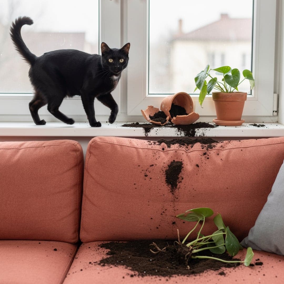 Kat staat op de vensterbank terwijl een omgevallen bloempot en verspreide potgrond zichtbaar zijn in de woonkamer