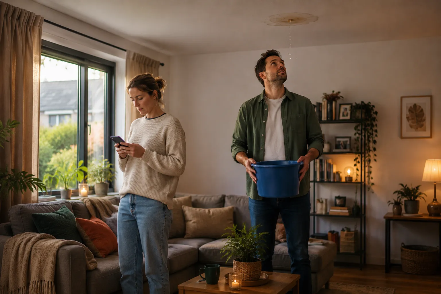 Een echtpaar in een gezellige woonkamer vangt een kleine lekkage van het plafond op. De vrouw bekijkt haar telefoon terwijl de man een emmer onder het druppelende water houdt.