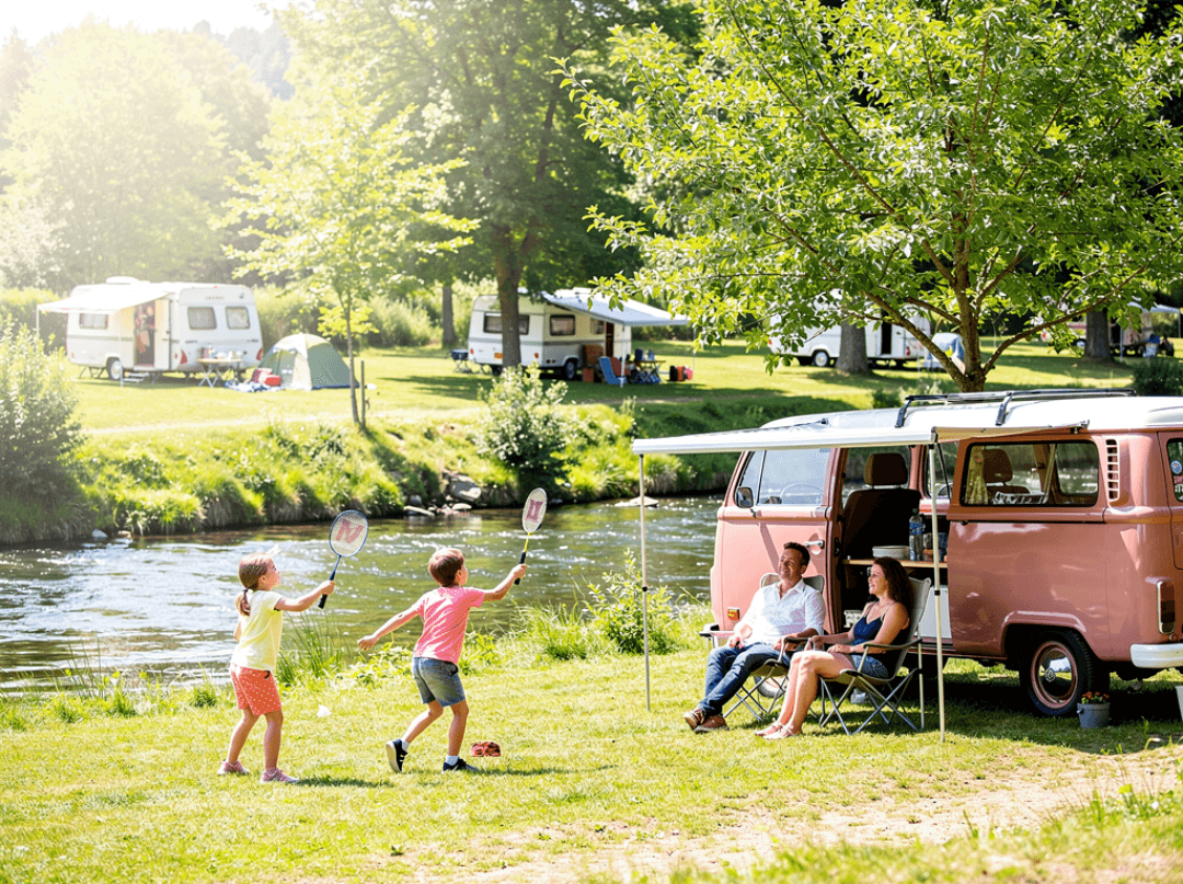 Kinderen spelen op een camping aan het water, terwijl volwassenen ontspannen zitten te kijken naast een camper