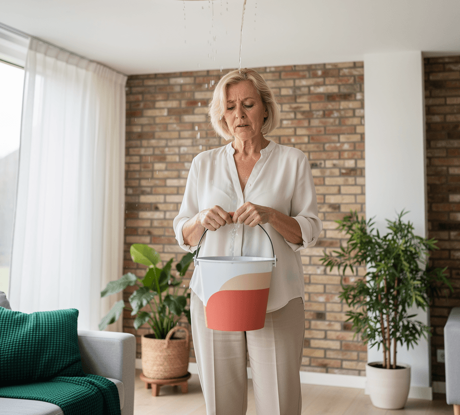 Vrouw staat in de woonkamer en vangt water op uit een lekkend plafond met een emmer