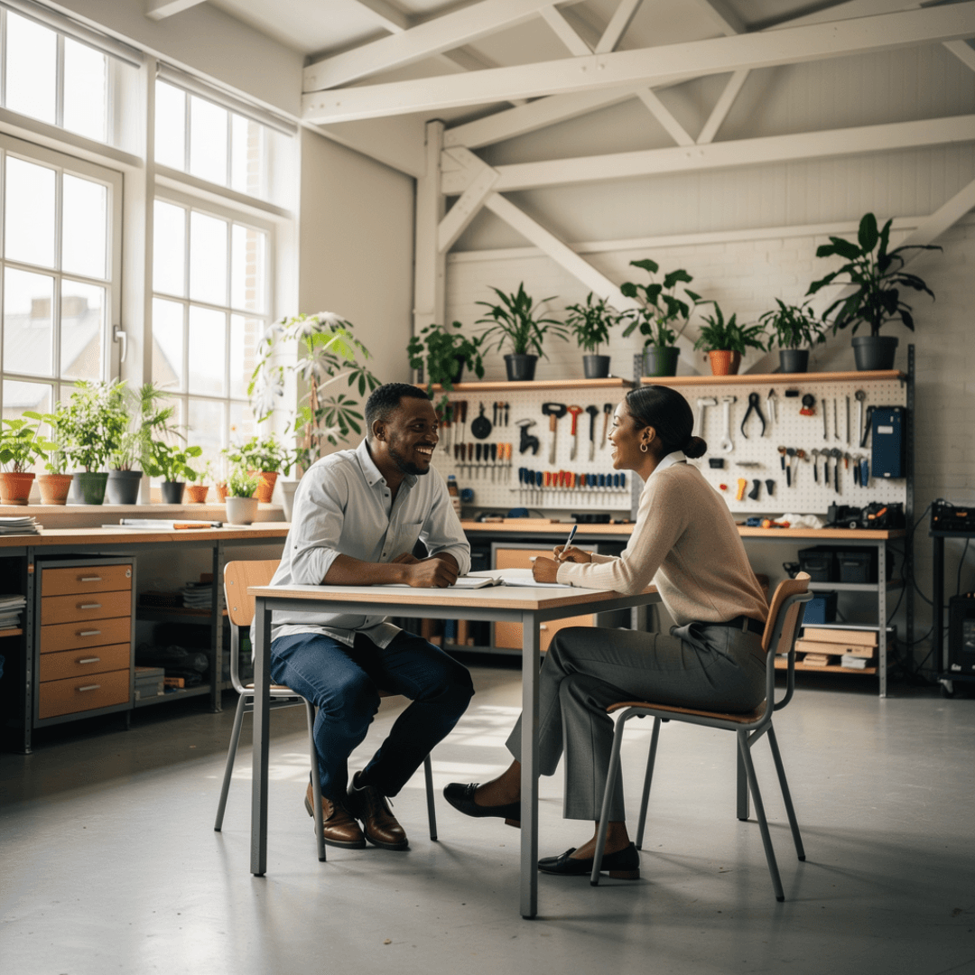 Twee personen bespreken documenten aan een tafel in een werkplaats met gereedschap en planten op de achtergrond