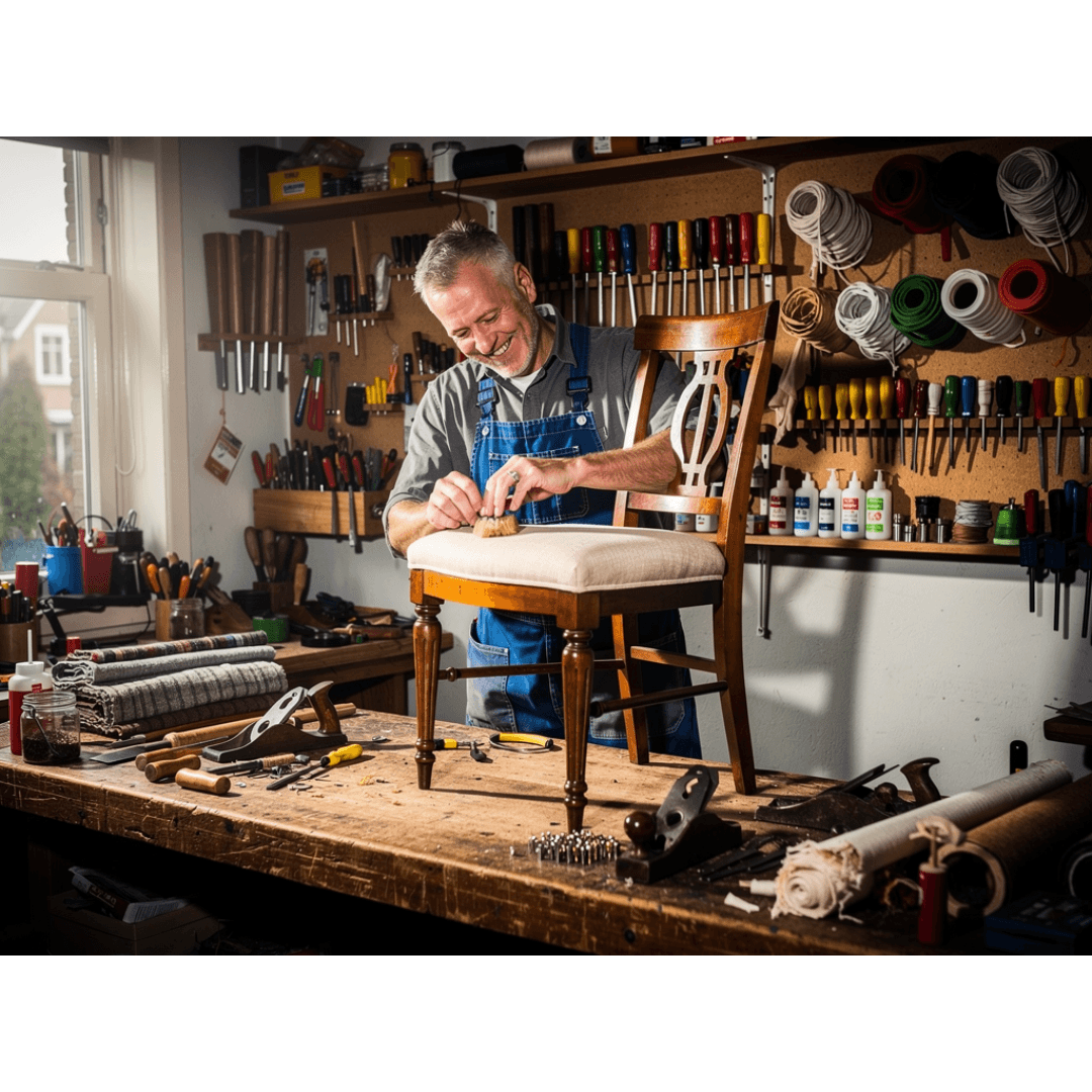 Meubelstoffeerder bekleedt een houten stoel in een werkplaats met gereedschap en stoffeermaterialen