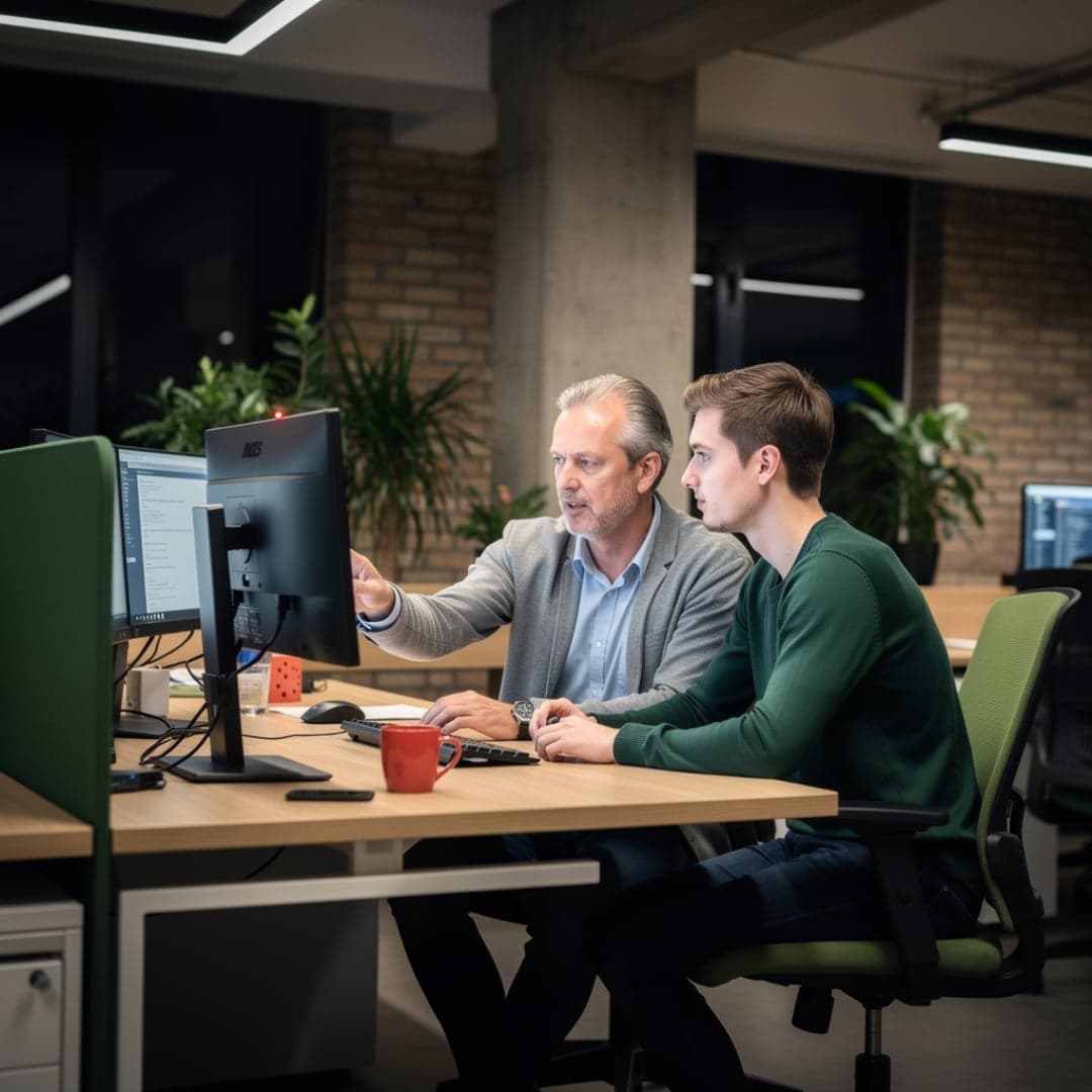 Twee personen werken samen achter een computer op kantoor