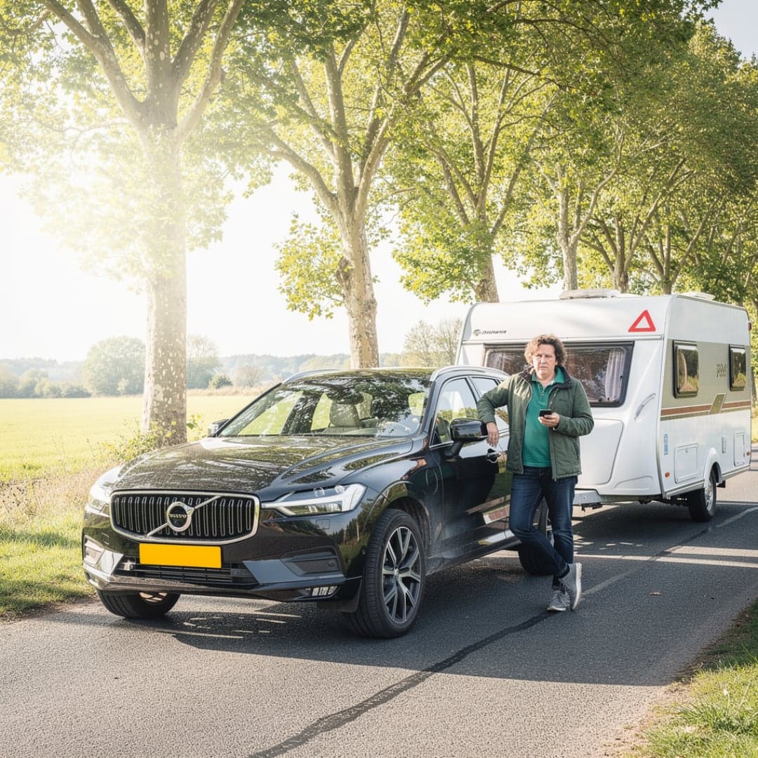 Auto met een caravan staat met pech langs een boomrijke weg met een persoon naast het voertuig