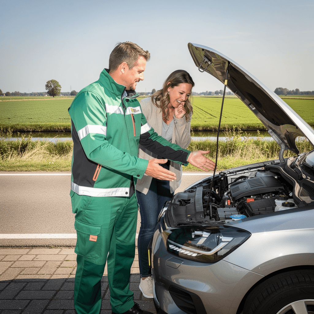 Pechhulp bij autopech: wegenwacht controleert een auto met open motorkap langs de weg