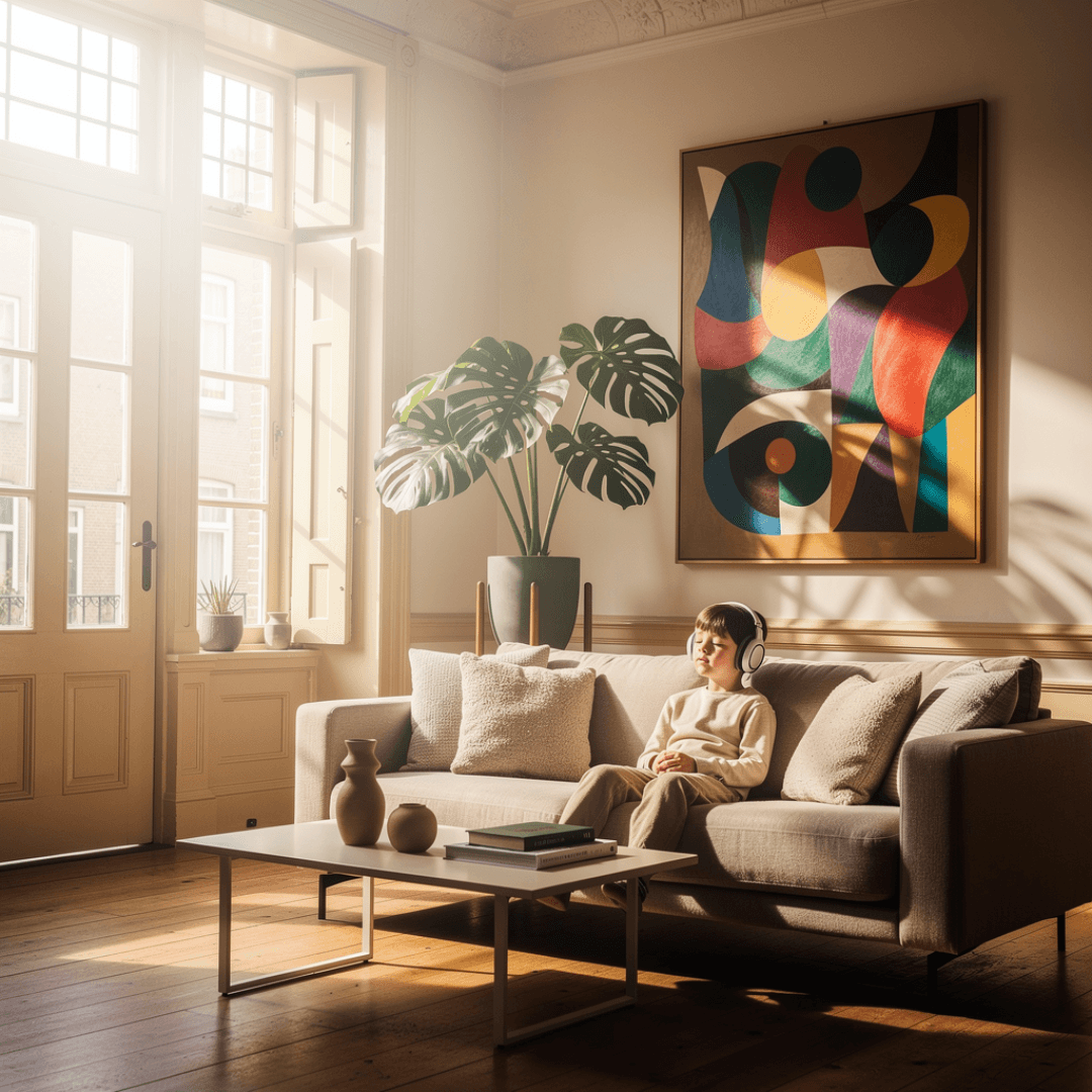 Kind zit in een lichte woonkamer met een koptelefoon op