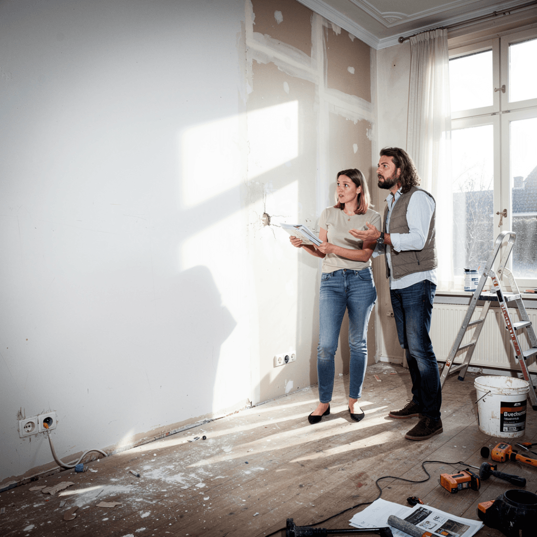 Twee personen bespreken werkzaamheden in een woning die wordt gerenoveerd, met bouwmaterialen en gereedschap zichtbaar