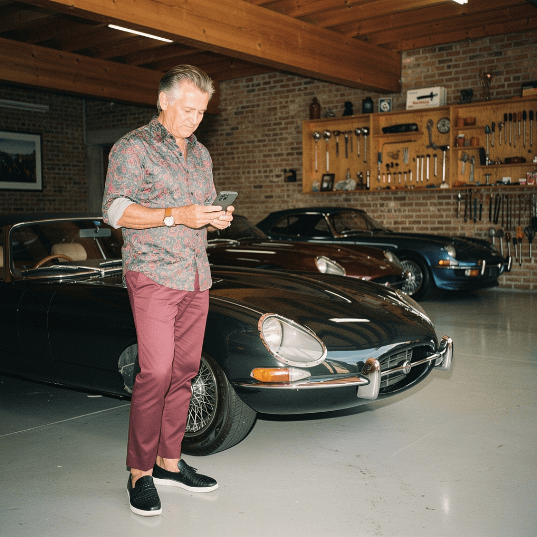 Persoon staat in een garage en gebruikt een smartphone naast een klassieke sportwagen, met andere oldtimers op de achtergrond