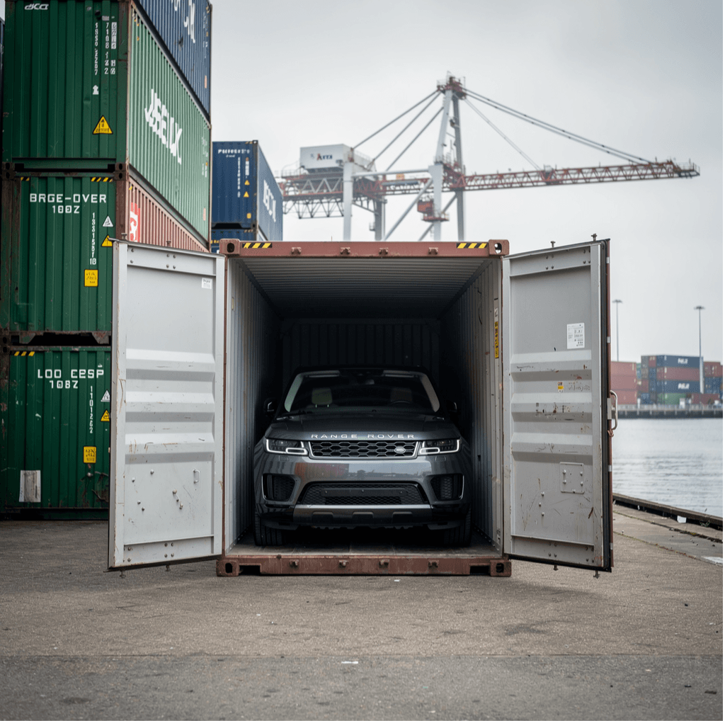 Auto staat in een open zeecontainer op een haventerrein tussen containers en hijskranen
