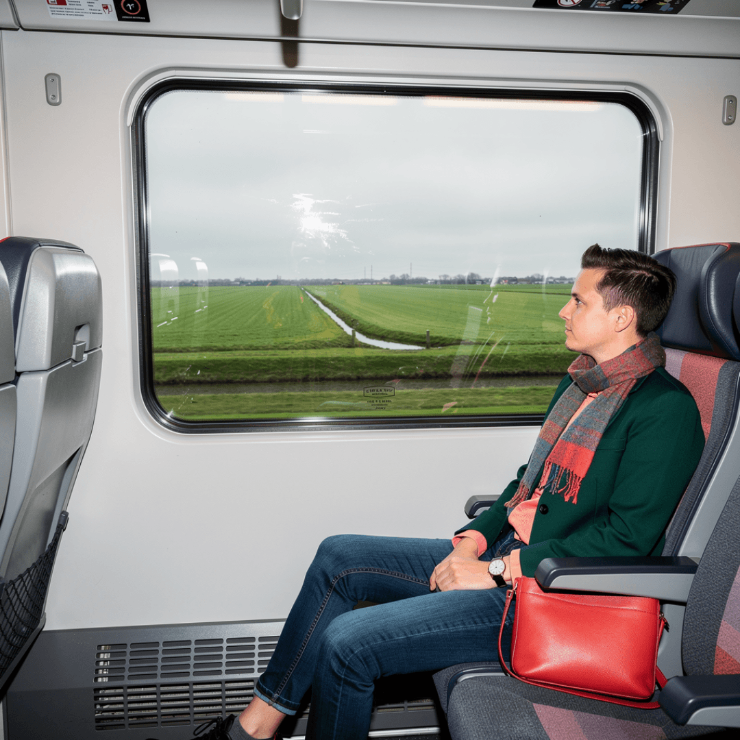 Persoon zit in een treincoupé en kijkt door het raam naar weilanden en sloten in het Nederlandse landschap
