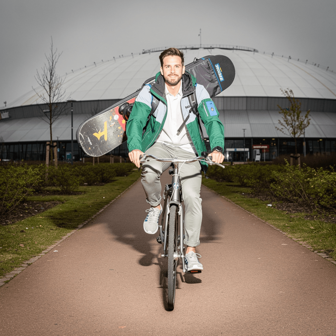 Persoon rijdt op een fiets met een snowboard in een draagtas op de rug met een groot gebouw op de achtergrond
