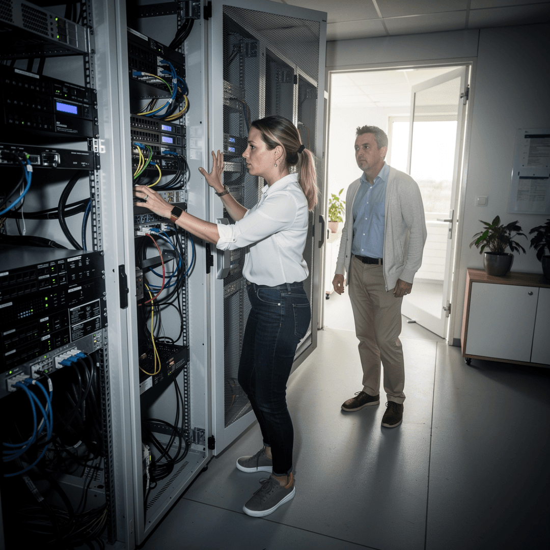 Beheer en inspectie van IT-infrastructuur en netwerkapparatuur in een professionele serverruimte
