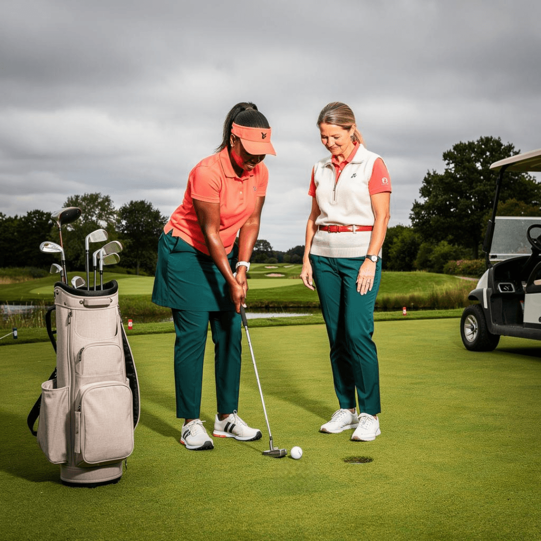 Twee vrouwen oefenen op een golfbaan, waarbij één van de twee instructies geeft