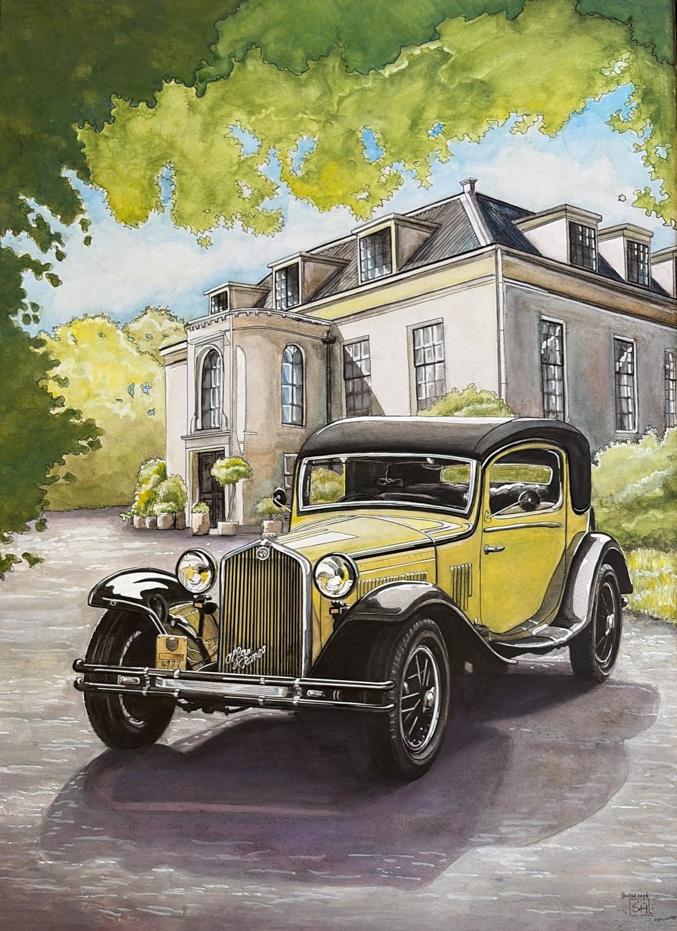 Illustratie van een klassieke auto voor een landhuis, met de tekst 'Exclusieve bijeenkomst Concours d'Elegance, Wheels Mariënwaerdt - Beesd