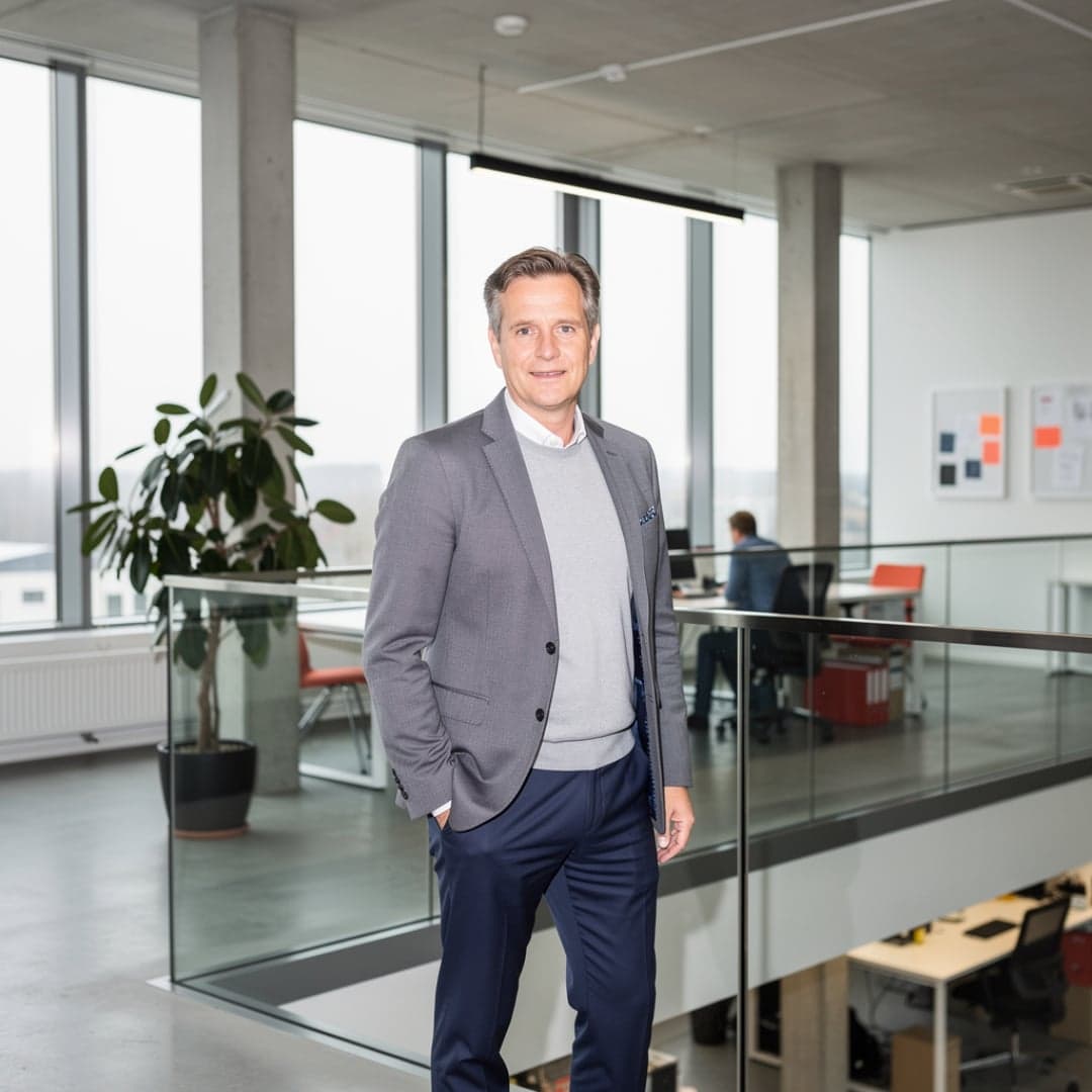 Man poseert in een modern kantoor
