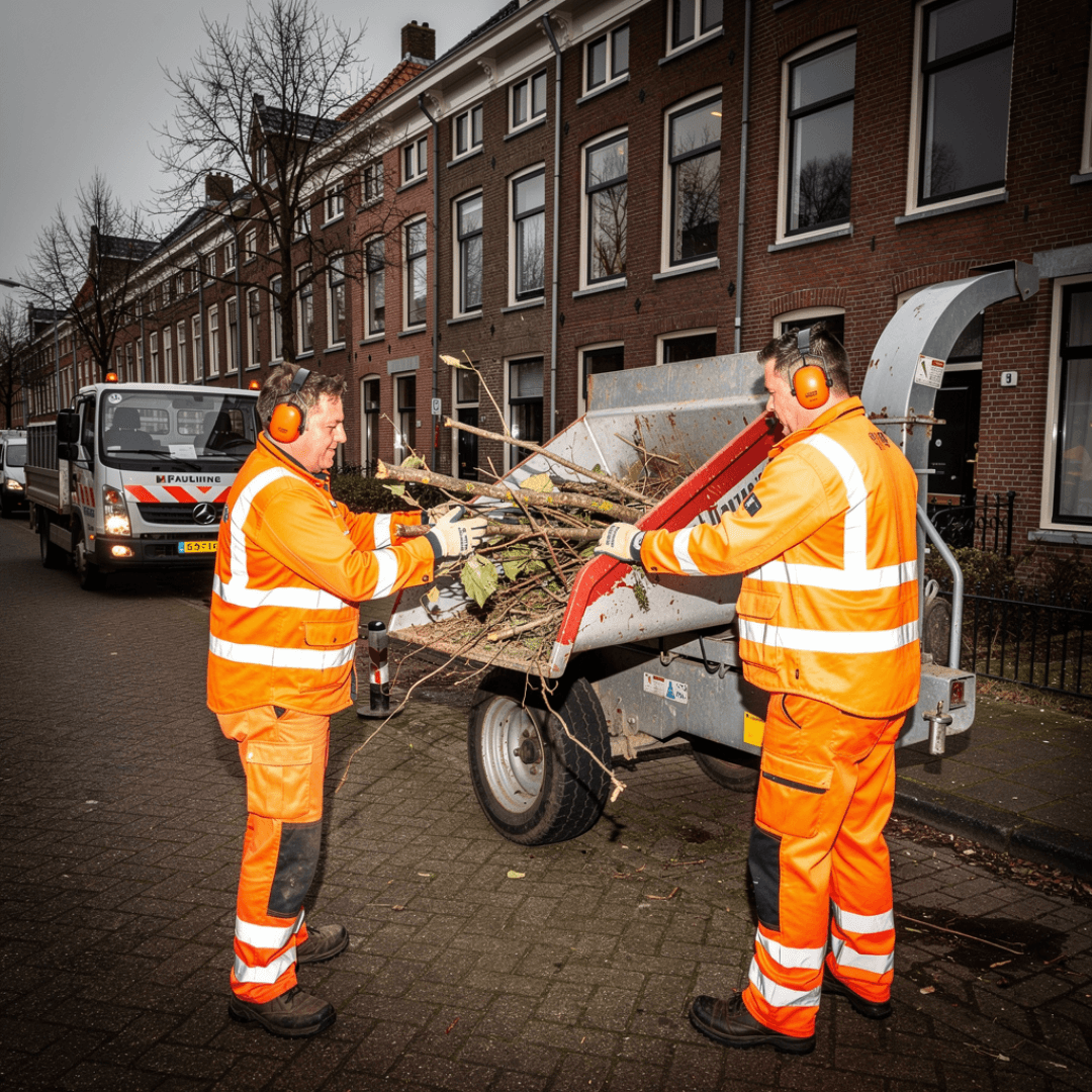 Twee medewerkers in veiligheidskleding voeren takken en snoeiafval in een houtversnipperaar aan de straatkant