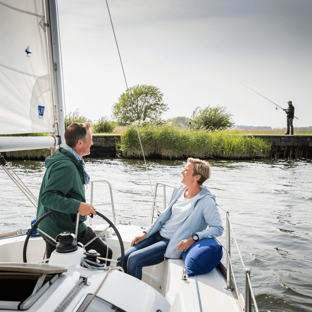 Twee personen zitten aan boord van een zeilboot met een visser op de achtergrond