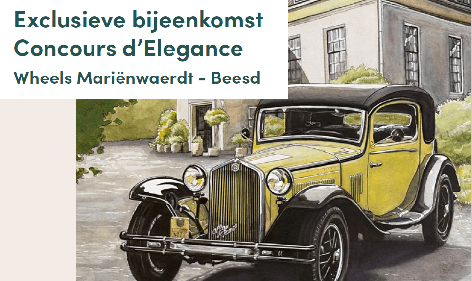 Illustratie van een klassieke auto voor een landhuis, met de tekst 'Exclusieve bijeenkomst Concours d'Elegance, Wheels Mariënwaerdt - Beesd