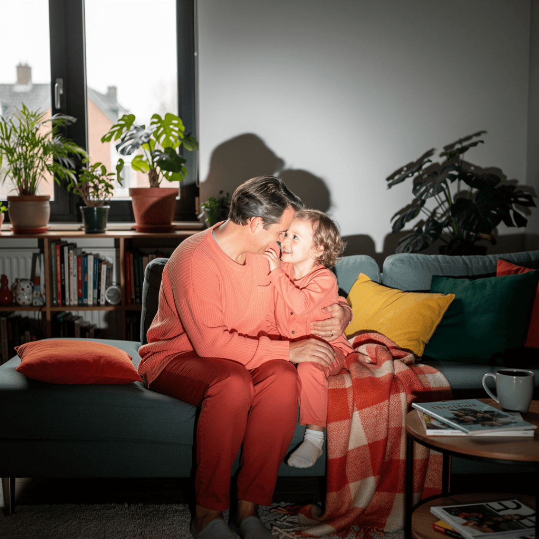 Ouder zit met een jong kind op de bank in de woonkamer, dicht tegen elkaar aan onder een deken